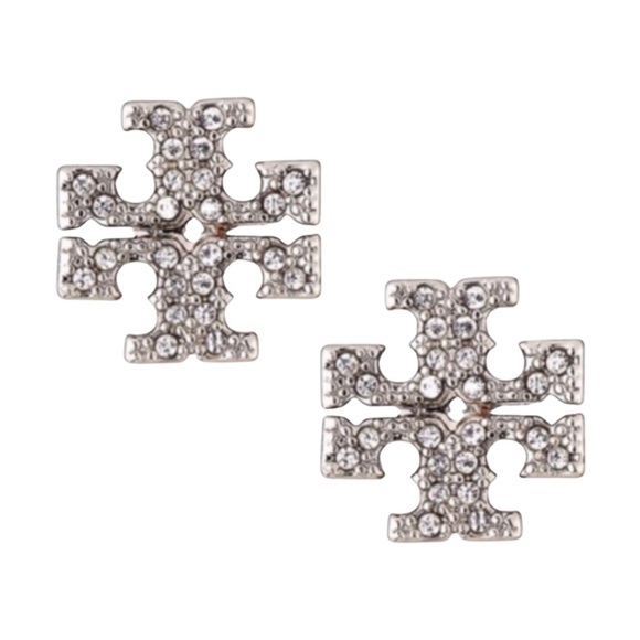 TORY BURCH • Silver Crystal Logo Earrings - Picture 3 of 4